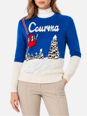 Cortina Blue and Cream Ski-Graphic Crewneck Sweater size M